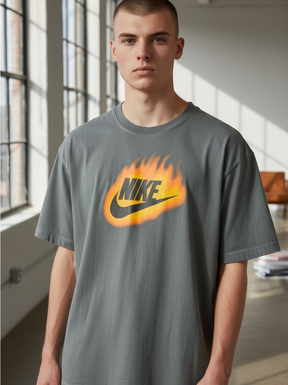 NWT Nike Men’s Sportswear Flame Swoosh Graphic T-Shirt - Grey - [LG]